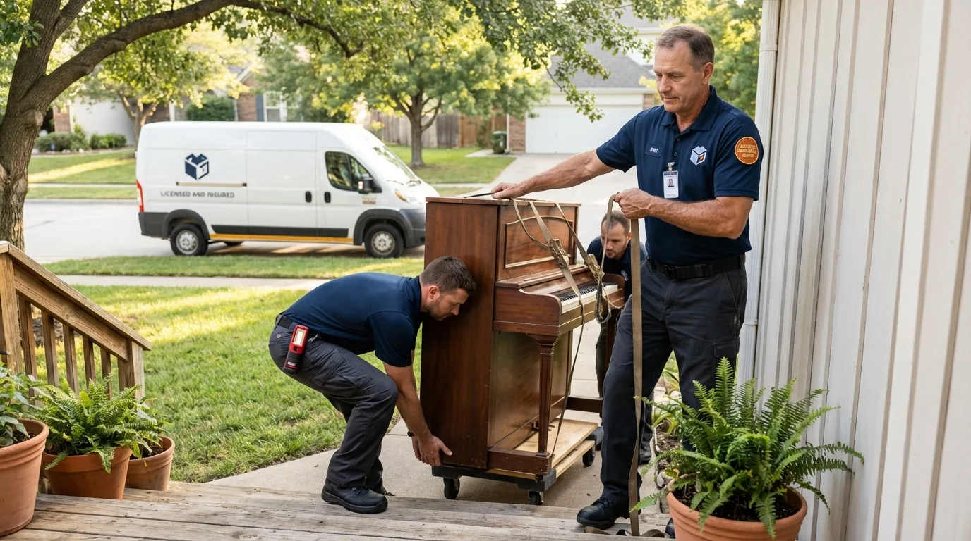Licensed piano movers securing grand piano in Central Islip, NY