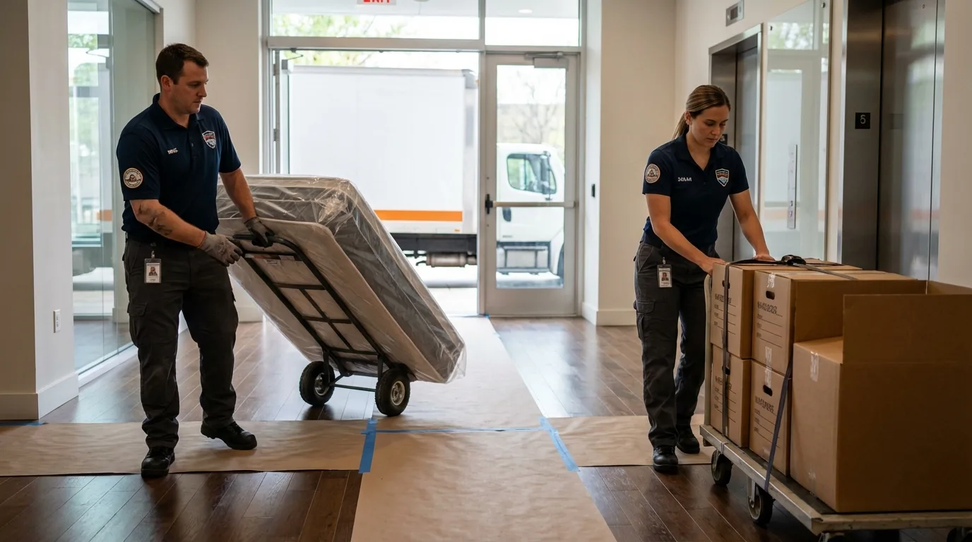 Professional apartment movers loading elevator in Central Islip, NY